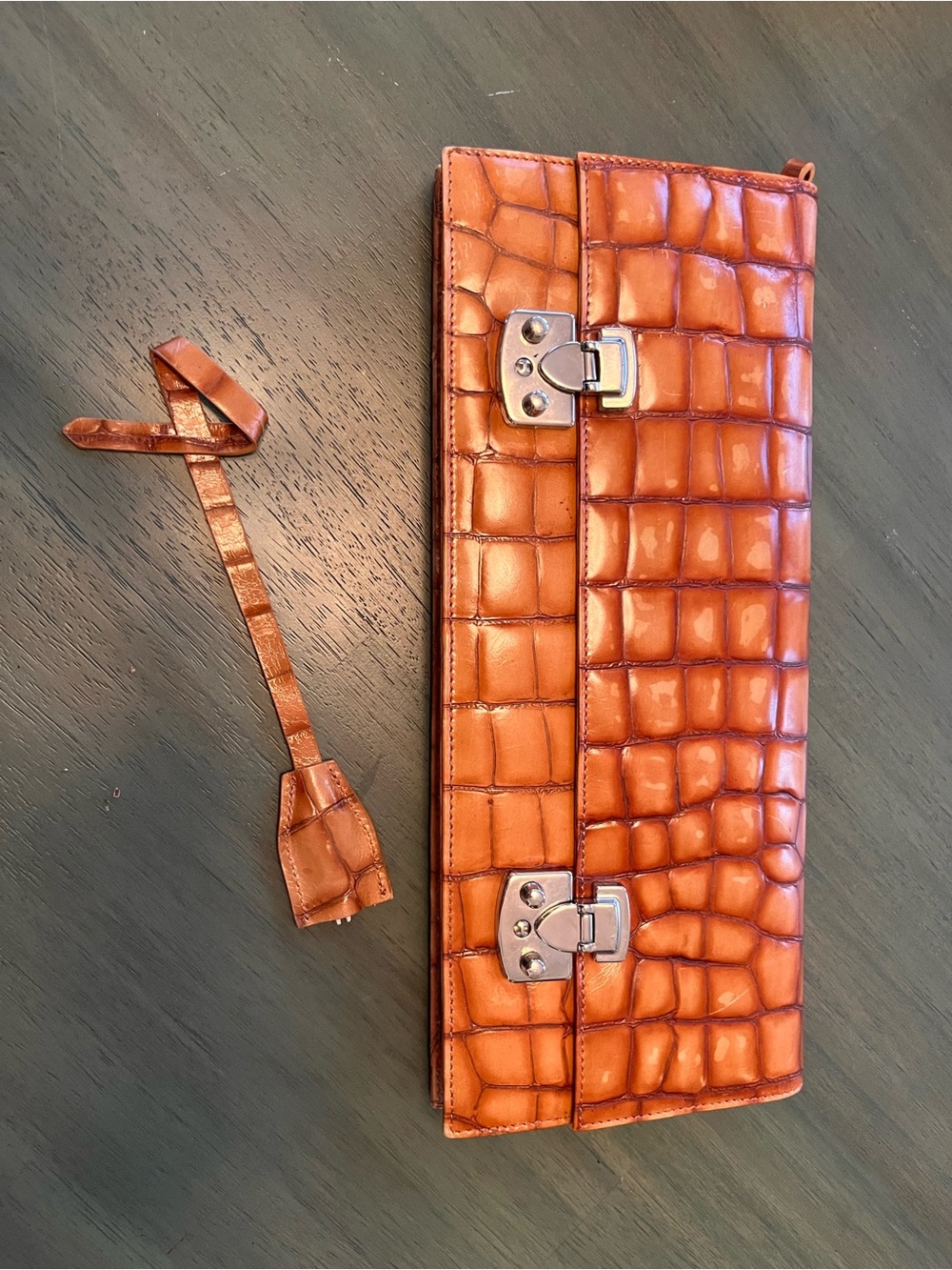 BCBG Croc-Embossed Orange Leather Wristlet Clutch